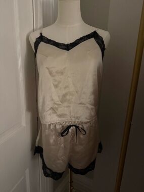 Silk-Feel Cream & Black Lace Cami Short Set